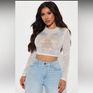 Fashion Nova RockStar Rhinestone Mesh Sheer Crop Top in Nude - Size S